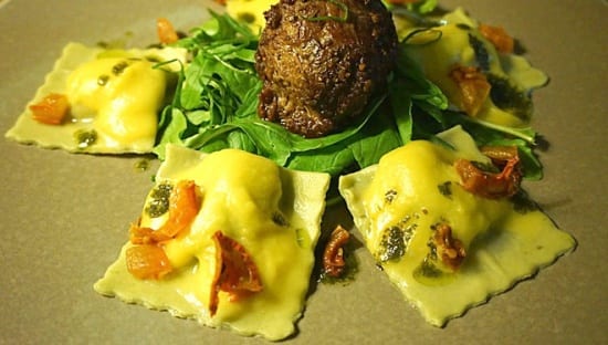 Clonakilty Blackpudding and apple ravioli with blue cheese