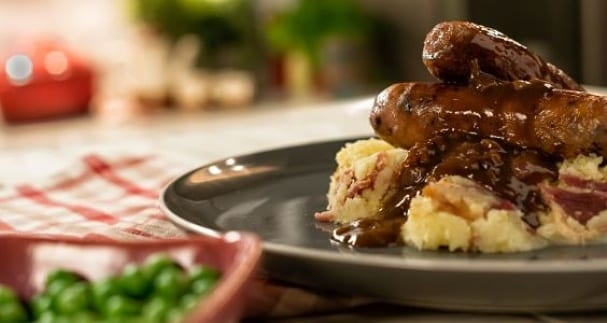 Clonakilty Blackpudding Sausages with gourmet mashed potato and red onion gravy