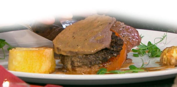 Clonakilty Blackpudding, Irish beef medallion and tomato stack with brandy cream jus
