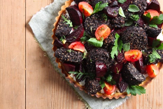 Clonakilty Blackpudding tart with roasted beetroot and goats cheese